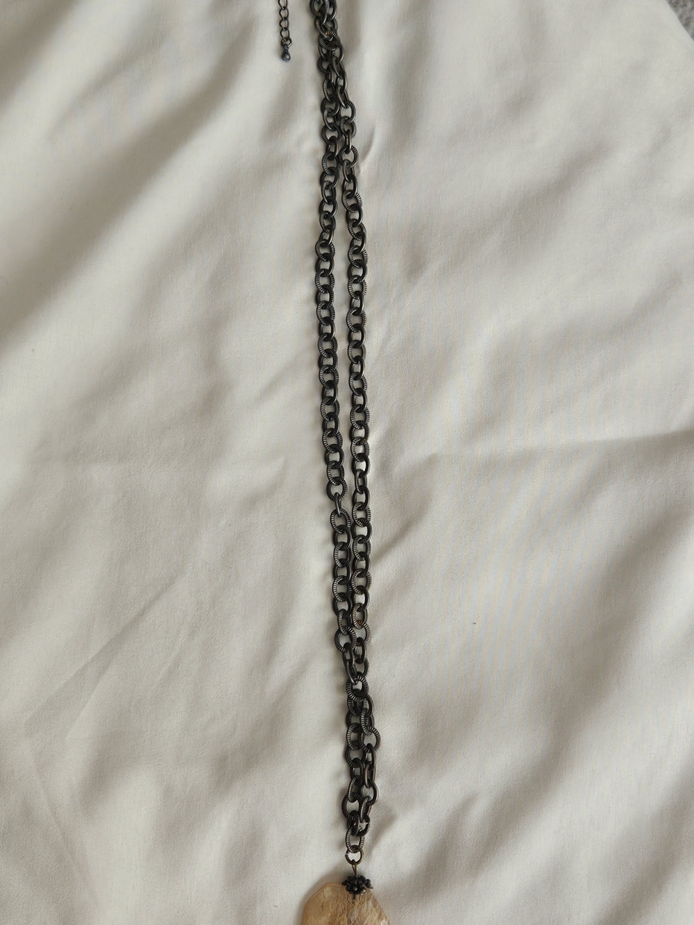 Vintage Fossilized Palm Root Pendant Necklace Antiqued Gunmetal Chain